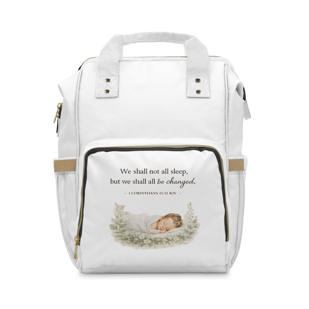 Inspirational Diaper Backpack for Moms - Quote from 1 Corinthians 15:51
